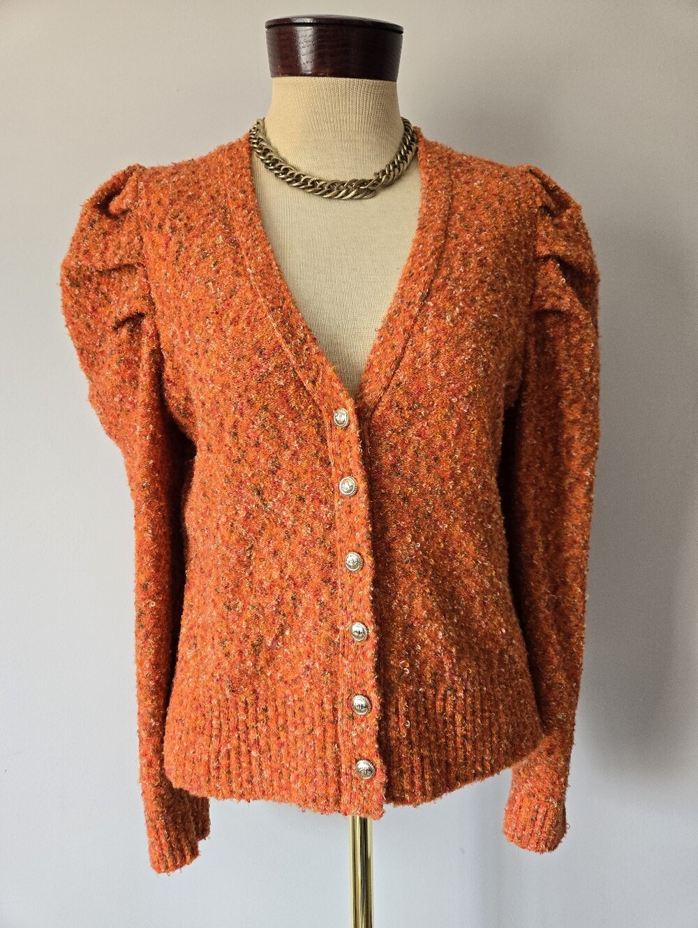 Karl Lagerfeld Orange Textured Confetti V-Neck Button Cardigan. Size M